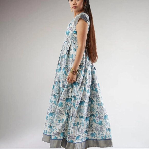 White and Blue Kalankari Ankle-Length Dress | Muvvas Boutique - Picture 2 of 3